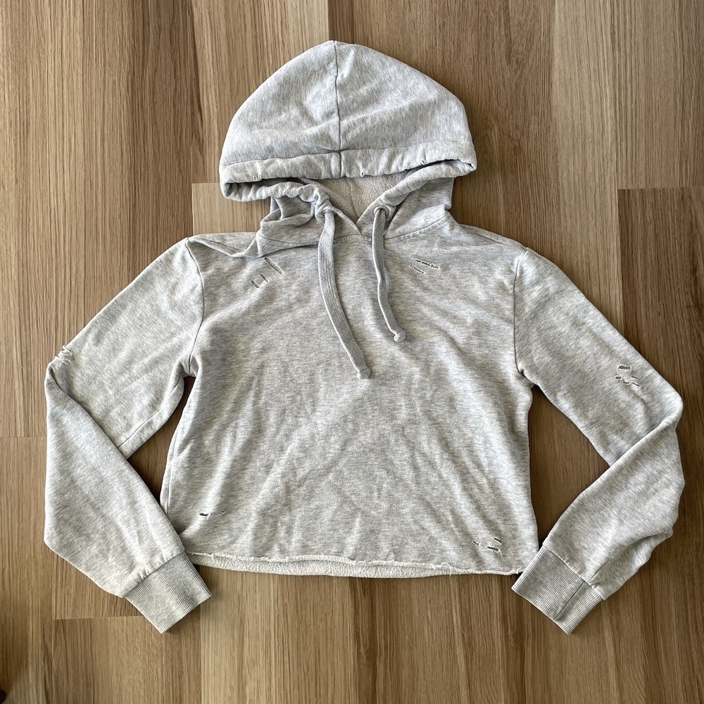 Garage Women's S Cropped Distressed Gray Pullover Hoodie Grunge Emo Indie Y2K